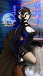  anthro avian bird black_feathers breasts clothing corrvo english_text feathers female hi_res solo text white_feathers yellow_eyes 