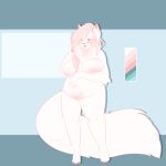  1:1 anthro big_breasts blue_eyes blush braided_hair breasts cute_fangs dandybadger domestic_cat featureless_breasts featureless_crotch felid feline felis female fluffy fluffy_tail fur hair hi_res looking_away mammal neck_tuft nude overweight overweight_female persian_cat pink_fur pink_hair slightly_chubby solo tuft vanie white_fur 