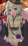  1girl alternate_costume aqua_hair arms_up bangs black_headwear blurry blush candy_apple chaha commentary_request cotton_candy depth_of_field feet_out_of_frame food frilled_sleeves frills green_eyes hat head_tilt highres holding holding_food japanese_clothes kimono komeiji_koishi long_sleeves looking_at_viewer night open_mouth outdoors short_hair solo standing striped striped_kimono third_eye touhou wide_sleeves yukata 