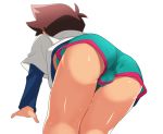  1boy ass blurry brown_hair bulge chokutsuu_(menino) depth_of_field from_behind hayasugi_hayato highres male_focus shinkansen_henkei_robo_shinkalion shota solo sweat thighhighs underwear 