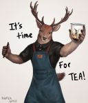 antlers apron beverage brown_fur bubble_tea cervid clothed clothing fur hi_res horn male mammal ramzawolf simple_background solo the_alley uniform 