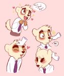  &lt;3 2019 aggressive_retsuko anai_(aggretsuko) anthro badger black_nose blush bodily_fluids boop brown_fur clothing disembodied_hand english_text eyes_closed fizzy-dog fur happy hi_res japanese_badger male mammal meles multicolored_fur mustelid musteline necktie nose_boop open_mouth petting pink_background sanrio shirt simple_background solo_focus tan_fur tears text topwear two_tone_fur 