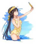  1girl black_hair blush breasts cellphone collarbone day eyebrows_visible_through_hair frilled_swimsuit frills girls_frontline hair_ribbon holding holding_phone long_hair outdoors phone polka_dot polka_dot_swimsuit qbu-88_(girls_frontline) ribbon self_shot shuzi sidelocks small_breasts smartphone swimsuit v visor_cap wading water yellow_headwear yellow_ribbon yellow_swimsuit 