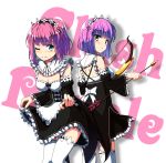  2girls aqua_eyes archer_(clash_royale) arrow blush bow_(weapon) breasts clash_royale cleavage copyright_name cosplay detached_sleeves highres holding holding_weapon kuroma_(no_plan) looking_at_viewer maid maid_headdress multiple_girls one_eye_closed re:zero_kara_hajimeru_isekai_seikatsu rem_(re:zero) rem_(re:zero)_(cosplay) short_hair simple_background skirt_hold smile standing thighhighs weapon white_background white_legwear wide_sleeves 