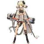  1girl :q arknights bangs black_footwear blonde_hair boots breasts canister choker cloak dress eyebrows_visible_through_hair fire flamethrower flat_chest full_body gas_tank gradient_hair grey_dress grey_hair gun hand_up holding holding_gun holding_weapon horns ifrit_(arknights) leg_strap looking_at_viewer low_twintails multicolored_hair official_art open_toe_shoes orange_eyes orange_nails parted_bangs sho_(sho_lwlw) short_dress sidelocks slit_pupils solo striped striped_dress tachi-e tail thigh_strap toeless_boots toenail_polish tongue tongue_out transparent_background twintails weapon white_cloak 
