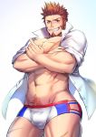  1boy abs bara beard blue_eyes brown_hair bulge chest commentary_request epaulettes facial_hair fate/grand_order fate_(series) highres male_focus male_swimwear muscle napoleon_bonaparte_(fate/grand_order) open_clothes open_shirt pectorals scar simple_background smile spiked_hair swim_briefs swimwear teeth thighs toned waku_(ayamix) white_background 