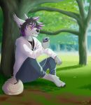  2018 4_toes 5_fingers absurd_res anthro barefoot black_hair black_nose canid canine canis citrinelle clothed clothing day detailed_background digital_media_(artwork) digitigrade domestic_dog fingers fur grey_fur hair hi_res male mammal outside simple_background sitting solo toes 