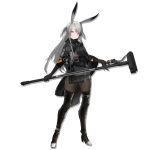  1girl animal_ears arknights bangs black_cloak black_dress black_footwear black_gloves black_skirt blush boots breasts brown_legwear bunny_ears cloak closed_mouth dress full_body gloves grey_eyes grey_hair hair_between_eyes head_tilt holding holding_hammer jacket large_breasts light_smile long_hair looking_at_viewer name_tag official_art pantyhose savage_(arknights) short_dress sidelocks skirt solo tachi-e thigh_boots thighhighs transparent_background two_side_up weapon 