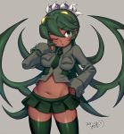  1girl artist_name blush breasts closed_mouth dark_skin dated eyebrows_visible_through_hair fukua_(skullgirls) green_eyes green_hair green_legwear green_lipstick green_neckwear green_skirt hand_on_hip iroyopon large_breasts lipstick long_hair looking_at_viewer makeup navel necktie one_eye_closed shamone_(skullgirls) signature skirt skullgirls thighhighs 