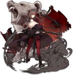  1girl animal_ears arknights axe bangs bear bear_ears black_choker black_footwear black_jacket black_legwear black_sailor_collar black_shirt blue_eyes boots breasts brown_hair brown_skirt choker cross-laced_footwear earbuds earphones elite_ii_(arknights) expressionless from_behind full_body fur-trimmed_jacket fur_trim hair_between_eyes hand_up holding holding_axe jacket kneehighs lace-up_boots long_hair long_sleeves looking_at_viewer looking_back multicolored_hair off_shoulder official_art open_clothes open_jacket pantyhose pleated_skirt red_hair red_legwear red_neckwear ribbed_legwear sailor_collar school_uniform serafuku shirt sidelocks skade skirt smoke solo standing streaked_hair tachi-e transparent_background v-shaped_eyebrows weapon white_jacket wind wind_lift zima_(arknights) 