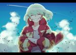  1boy ayame_(3103942) blonde_hair blue_sky clear_sky closed_eyes cloud crossed_arms dirty_face gloves grin highres jacket lio_fotia male_focus promare short_hair sky smile solo teeth 