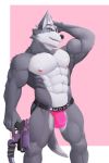  2019 abs absurd_res anthro bulge canid canine canis clothed clothing digital_media_(artwork) eyewear fur hi_res holding_object holding_weapon jockstrap jrjresq looking_at_viewer male mammal muscular muscular_male nintendo nipples open_mouth pecs ranged_weapon simple_background smile solo star_fox underwear video_games weapon wolf wolf_o&#039;donnell 