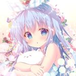  1girl animal blue_eyes blue_hair blue_ribbon blush cat crossed_arms eyebrows_visible_through_hair flower gochuumon_wa_usagi_desu_ka? hair_ribbon holding holding_animal kafuu_chino long_hair looking_at_viewer mitsumomo_mamu multicolored multicolored_ribbon parted_lips ribbon solo tippy_(gochiusa) upper_body white_ribbon 