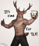  abs antlers beverage brown_fur bubble_tea cervid clothed clothing fur hi_res horn male mammal muscular ramzawolf simple_background solo the_alley topless 