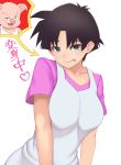  1girl :p black_hair blue_eyes blush dragon_ball dragon_ball_z masou naughty_face oolong pig shirt short_hair simple_background smile tongue tongue_out transformation videl white_background 