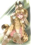 2017 animal_humanoid ayyh15 blonde_hair bow_tie breasts brown_fur butt clothed clothing felid felid_humanoid feline feline_humanoid female footwear fur hair hi_res humanoid inner_ear_fluff kemono_friends looking_at_viewer mammal mammal_humanoid multicolored_fur open_mouth paw_pose serval serval-chan short_hair sitting small_breasts solo yellow_fur 