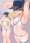  1girl ahoge armpits artoria_pendragon_(all) ass bangs baseball_cap bikini blonde_hair blue_eyes blue_headwear blush breasts chung_cthemax cleavage eyebrows_visible_through_hair fate/grand_order fate_(series) hair_between_eyes hair_through_headwear hat highres large_breasts long_hair looking_at_viewer multiple_views mysterious_heroine_xx_(foreigner) navel ponytail purple_background side-tie_bikini sidelocks simple_background swimsuit thigh_strap white_bikini 