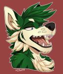  2018 black_lips black_nose blue_eyes canid canine canis citrinelle digital_media_(artwork) domestic_dog fur green_fur green_hair hair lips mammal open_mouth red_background simple_background solo teeth tongue white_fur 