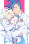  2boys blush bouquet closed_eyes cravat flower green_hair highres husband_and_husband lio_fotia male_focus moegi0926 multiple_boys promare ribbon tuxedo veil wedding yaoi 