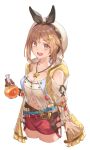  1girl :d atelier_(series) atelier_ryza belt breasts brown_eyes brown_gloves brown_hair cchhii3 cleavage collarbone gloves hair_ornament hairclip hat highres jewelry large_breasts looking_at_viewer navel necklace open_mouth red_shorts reisalin_stout short_hair short_shorts shorts simple_background single_glove smile solo star teeth thighs upper_teeth white_background white_headwear 