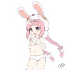  1girl :d akane_mimi animal_ears animal_hat ass_visible_through_thighs bangs bare_arms bare_shoulders blush bow bow_panties bra braid brown_eyes bunny_ears bunny_hair_ornament bunny_hat commentary_request eyebrows_visible_through_hair fake_animal_ears flower hair_flower hair_ornament hairband hat long_hair low_twintails navel open_mouth panties pink_hair pink_headwear princess_connect! princess_connect!_re:dive round_teeth sakuraba_hikaru_(loveindog) signature smile solo teeth twin_braids twintails underwear underwear_only upper_teeth very_long_hair white_bra white_flower white_panties 