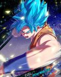  artist_name backlighting blue_background blue_eyes blue_hair blurry blurry_foreground clenched_hand commentary_request d: dark_background dougi dragon_ball dragon_ball_super dragon_ball_z fighting_stance frown glowing glowing_eyes gradient gradient_background korean_commentary muscle open_mouth purple_background serious shaded_face sleeveless sparkle sparkle_background spiked_hair super_saiyan_blue tarutobi teeth twitter_username white_background wristband 