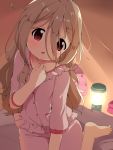  1girl aoba_kokona backpack bag bangs barefoot blurry blurry_background blush brown_hair collarbone commentary_request depth_of_field dress_shirt eyebrows_visible_through_hair hair_between_eyes hand_up head_tilt highres lantern long_hair looking_at_viewer makuran pajamas parted_lips pink_pajamas pink_shirt pink_shorts red_eyes shirt short_sleeves shorts sitting solo tent_interior very_long_hair yama_no_susume 