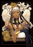  1boy absurdres artist_name black_background dark_skin dark_skinned_male feathered_wings flower frown highres jewelry kamigami_no_asobi kurokiseow looking_at_viewer male_focus shirtless simple_background solo tattoo thoth_caduceus tiara upper_body white_hair wings yellow_eyes 