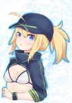  1girl ahoge artoria_pendragon_(all) bangs baseball_cap bikini blonde_hair blue_headwear blush breasts cleavage closed_mouth commentary_request eyebrows_visible_through_hair fate/grand_order fate_(series) hair_between_eyes hair_through_headwear hat high_ponytail i.u.y long_sleeves mysterious_heroine_xx_(foreigner) ponytail shrug_(clothing) sidelocks small_breasts solo swimsuit upper_body white_bikini wristband 