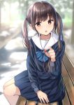  1girl :o bare_legs bench black_shirt blue_neckwear blue_skirt blurry blurry_background blush bow bowtie brown_eyes brown_hair burenbo collarbone commentary_request depth_of_field earphones hand_up highres holding long_hair long_sleeves looking_at_viewer original parted_lips pleated_skirt sailor_collar school_uniform serafuku shirt sidelocks sitting skirt solo twintails white_sailor_collar 