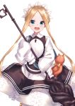 1girl :d abigail_williams_(fate/grand_order) absurdres bangs black_dress blonde_hair blue_eyes blush bow braid butterfly_hair_ornament commentary_request dress eyebrows_visible_through_hair fate/grand_order fate_(series) forehead hair_ornament heart heroic_spirit_chaldea_park_outfit highres holding keyhole long_sleeves looking_at_viewer open_mouth orange_bow parted_bangs shirt sidelocks simple_background sleeveless sleeveless_dress sleeves_past_fingers sleeves_past_wrists smile solo stuffed_animal stuffed_toy teddy_bear tentacles upper_teeth white_background white_shirt yuuki_nao_(pixiv10696483) 