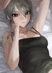  1girl arm_up armpits bangs bare_arms bare_shoulders bed bed_sheet black_bra black_camisole black_eyes blonde_hair bra breasts camisole collarbone cross cross_necklace earrings eye_contact eyebrows_visible_through_hair eyelashes hair_between_eyes hand_on_own_cheek highres idolmaster idolmaster_cinderella_girls jewelry lips looking_at_another looking_at_viewer lying medium_breasts mossi necklace open_mouth shiomi_shuuko short_hair smile underwear 
