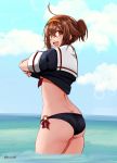  1girl ahoge alternate_hairstyle ass bikini bikini_under_clothes black_bikini black_serafuku blue_sky breasts brown_eyes brown_hair butt_crack cloud commentary_request cowboy_shot day from_behind hair_between_eyes hairband highres horizon kantai_collection looking_at_viewer looking_back ocean open_mouth orange_hairband outdoors porco1127 school_uniform serafuku shiratsuyu_(kantai_collection) shirt_lift short_hair short_sleeves sky soaking_feet solo standing swimsuit swimsuit_under_clothes twitter_username underboob undressing upper_teeth 