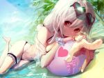  1girl aircraft airplane azur_lane ball beach beachball bikini black_bikini commentary_request condensation_trail day eyebrows_visible_through_hair eyewear_on_head hair_between_eyes heart heart-shaped_eyewear highres looking_at_viewer lying navel ocean outdoors pointing pointing_at_viewer red_eyes scrunchie sheer_clothes short_hair sirius_(azur_lane) sirius_(midsummer_seirios)_(azur_lane) sky solo sunglasses swimsuit thigh_strap tougenkyou white_hair white_scrunchie wrist_scrunchie 