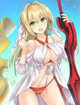  1girl ahoge bangs bare_shoulders bikini blonde_hair blush breasts cleavage commentary_request criss-cross_halter dated earrings eyebrows_visible_through_hair fate/grand_order fate_(series) green_eyes hair_intakes halterneck highres holding holding_sword holding_weapon hp_0_(eitipe0) jewelry large_breasts long_hair looking_at_viewer nero_claudius_(fate)_(all) nero_claudius_(swimsuit_caster)_(fate) no_navel side-tie_bikini signature smile solo striped striped_bikini swimsuit sword upper_teeth weapon 