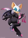  absurd_res anthro big_breasts big_butt breasts butt chiropteran eyeshadow female hi_res katana lipstick looking_at_viewer looking_back makeup mammal melee_weapon ninja omegasunburst rouge_the_bat solo sonic_(series) sword teal_eyes weapon wings 