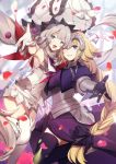  2girls :d armor armored_dress armpits asymmetrical_docking black_legwear black_ribbon blonde_hair blue_eyes blurry braid breast_press breasts capelet chain depth_of_field dress eyebrows_visible_through_hair fate/apocrypha fate/grand_order fate_(series) faulds flower gauntlets gloves hair_flower hair_ornament hair_ribbon hat headpiece highres jeanne_d&#039;arc_(fate) jeanne_d&#039;arc_(fate)_(all) large_breasts large_hat long_braid long_hair looking_at_viewer marie_antoinette_(fate/grand_order) multiple_girls no-kan one_eye_closed open_mouth outstretched_arm outstretched_hand petals plackart purple_dress purple_eyes reaching ribbon rose rose_petals short_dress side_slit sideboob silver_hair sleeveless sleeveless_dress small_breasts smile thighhighs twintails white_dress white_gloves white_headwear white_legwear zettai_ryouiki 
