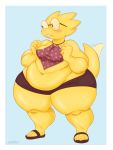  2019 3_toes 4_fingers absurd_res alphys anthro belly big_belly biped blush bottomwear breasts buckteeth claws clothed clothing deep_navel digital_media_(artwork) eyewear female fingers footwear front_view glasses hi_res huge_hips huge_thighs lamarkey midriff navel non-mammal_breasts obese obese_female overweight overweight_female reptile sandals scalie shorts side_boob skimpy solo teeth thick_tail thick_thighs toes topwear undertale video_games wide_hips 