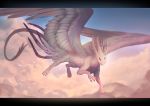  2018 ambiguous_gender black_bars claws day detailed_background dragon feathered_dragon feathered_wings feathers feral flying fur furred_dragon horn outside skaydie solo white_feathers wings yarubi 