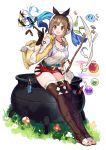  1girl :d atelier_(series) atelier_ryza breasts brown_eyes brown_gloves brown_hair brown_legwear bug butterfly cauldron cleavage full_body gloves grass hair_ornament hairclip hat insect jewelry large_breasts necklace open_mouth red_shorts reisalin_stout ryuuno6 short_hair short_shorts shorts simple_background single_glove smile solo standing star thighhighs thighs white_background white_headwear white_legwear 