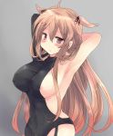  1girl armpits arms_behind_head asymmetrical_clothes bangs blonde_hair blush bodysuit breasts commentary_request covered_navel covered_nipples eyebrows_visible_through_hair grey_background hair_between_eyes hair_flaps hair_ornament hair_ribbon hairclip heterochromia highres hirune_(konekonelkk) kantai_collection large_breasts long_hair looking_at_viewer murasame_(kantai_collection) orange_hair red_eyes revision ribbon simple_background solo very_long_hair 