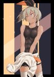  1girl abs blonde_hair blue_eyes bodysuit breasts dark_skin hair_between_eyes hairband highres muscle muscular_female niwatazumi one_eye_closed pokemon saitou_(pokemon) shirt_removed short_hair shorts sleeveless solo standing thighhighs tight_top upper_body wet 