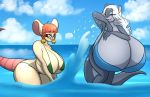  absurd_res anthro big_breasts bikini breasts cleavage clothed clothing duo eyewear female glasses hi_res huge_breasts hyper hyper_breasts lutrine mammal mouse murid murine mustelid rodent swimwear water wingedvixenx 