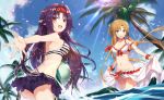  2girls :d asuna_(sao) ball bangs bare_arms bare_shoulders beachball bikini blue_sky blush breasts brown_hair cleavage cloud cloudy_sky commentary_request day eyebrows_visible_through_hair gabiran grin hair_between_eyes lens_flare light_rays long_hair looking_at_viewer looking_back medium_breasts multiple_girls navel open_mouth outdoors outstretched_arm outstretched_hand palm_tree parted_bangs parted_lips pointy_ears purple_hair red_eyes red_scrunchie scrunchie sky smile standing striped striped_bikini sunbeam sunlight swimsuit sword_art_online tree very_long_hair wading water white_bikini wrist_scrunchie yuuki_(sao) 