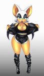  absurd_res alternate_hairstyle big_breasts boots bottomwear breasts chiropteran cleavage clothed clothing female footwear hi_res jacket jewelry looking_at_viewer mammal necklace omegasunburst rouge_the_bat shorts simple_background solo sonic_(series) topwear wings 