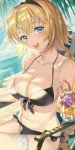  1girl :d bangs beach bikini black_bikini blonde_hair blue_eyes blue_sky blush braid breasts chair cleavage cloud collarbone cup day eyebrows_visible_through_hair fate/grand_order fate_(series) hair_between_eyes hairband highres holding holding_cup jeanne_d&#039;arc_(fate) jeanne_d&#039;arc_(fate)_(all) jeanne_d&#039;arc_(swimsuit_archer) large_breasts long_hair looking_at_viewer lounge_chair ocean open_mouth outdoors palm_tree sage_joh sand single_braid sitting sky smile solo swimsuit tree very_long_hair 