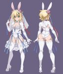  1girl absurdres akatsuki_kirika animal_ears ass bare_shoulders blonde_hair breasts bridal_veil bunny_ears bunny_girl bunnysuit elbow_gloves fake_animal_ears flower from_behind gloves green_eyes hair_ornament highleg highleg_leotard highres leotard looking_at_viewer medium_breasts muttsu_99 senki_zesshou_symphogear shiny shiny_hair shiny_skin short_hair strapless strapless_leotard veil white_gloves white_legwear wrist_cuffs x_hair_ornament 