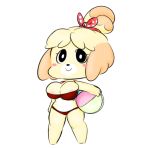  animal_crossing anthro ball beach_ball big_breasts bikini blush breasts canid canine canis clothed clothing domestic_dog female fur hair isabelle_(animal_crossing) low_res mammal nintendo nipples shih_tzu simple_background smile solo swimwear toy_dog vallycuts video_games yellow_fur 