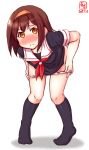  1girl artist_logo black_legwear black_serafuku blush brown_eyes brown_hair commentary_request dated full_body hairband highres kanon_(kurogane_knights) kantai_collection kneehighs looking_at_viewer neckerchief no_pants nose_blush orange_hairband panties red_neckwear sailor_collar school_uniform serafuku shiratsuyu_(kantai_collection) short_hair simple_background skirt solo standing underwear undressing wavy_mouth white_background white_sailor_collar 