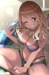  1girl bangs bare_shoulders bikini black_bikini black_eyes blonde_hair blush breasts brown_hair cleavage collarbone cure_slum dark_skin earrings gradient_hair grin gyaru hoop_earrings idolmaster idolmaster_shiny_colors indian_style izumi_mei jewelry large_breasts long_hair looking_at_viewer multi-strapped_bikini multicolored_hair navel necklace one_eye_closed ring sitting smile solo strap_pull swept_bangs swimsuit thighs 